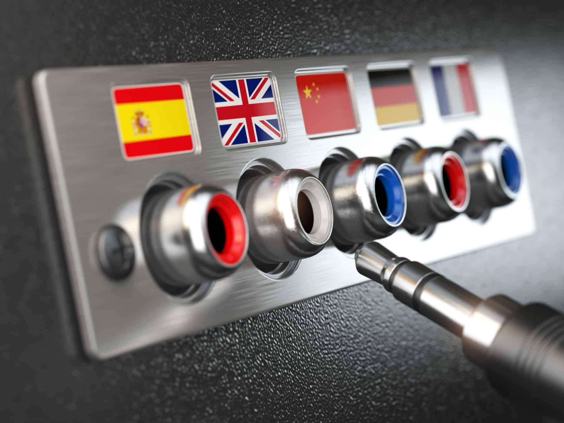 Select language. Learning, translate languages or audio guide concept. Audio  input output control panel with flags and plug.  3d illustration